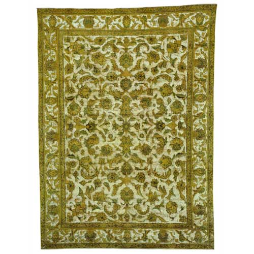 Gold Overdyed Hand Knotted Persian Tabriz Barjasta Vintage 