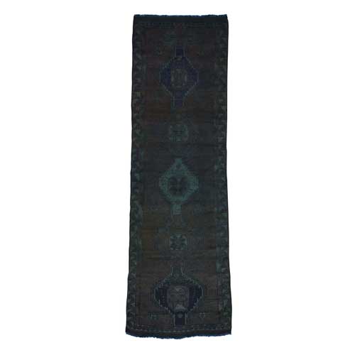 On Clearance Navy Blue Hand-Knotted Overdyed Persian Shiraz Worn Runner 