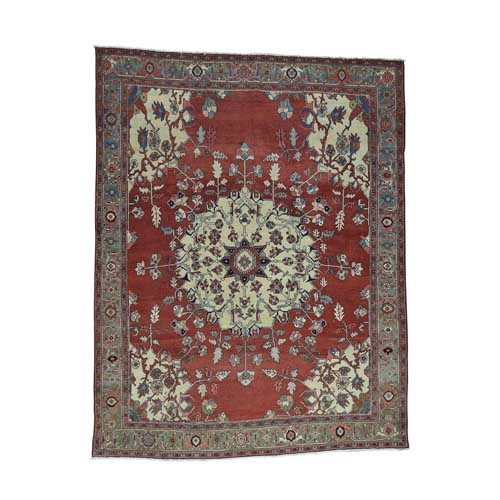 Red Hand-Knotted Antique Persian Serapi Open Field Oriental 
