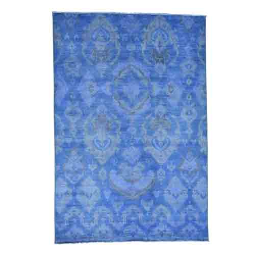 Hand Knotted Blue Cast Ikat Overdyed Pure Wool Oriental 