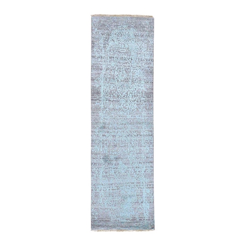 Cerulean Blue Broken Persian Design Hand-Knotted Wool and Silk Runner Rug