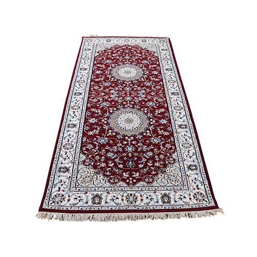Wool and Silk 250 Kpsi Red Nain Hand-Knotted Oriental Runner Rug