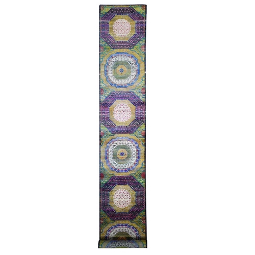 Mamluk Design Sari Silk With Textured Wool XL Runner Hand-Knotted Oriental Rug