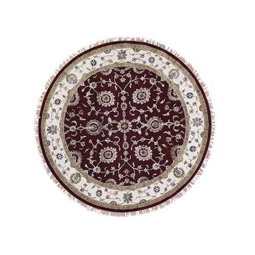 Hand-Knotted Half Wool and Half Silk Burgundy Rajasthan Round Oriental 