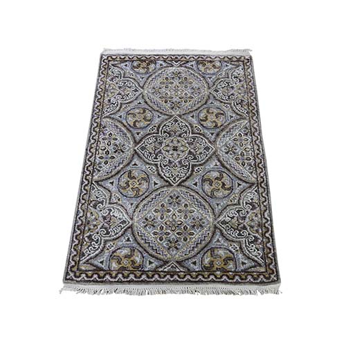 Textured Wool and Silk Mughal Inspired Medallions Design Hand-Knotted Oriental Rug