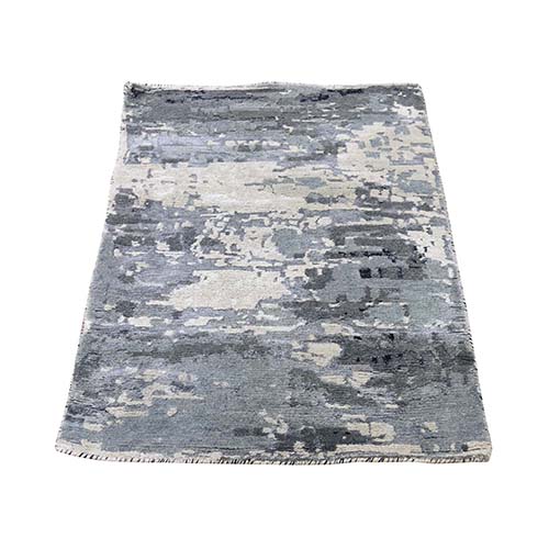 Hi-Low Pile Abstract Design Wool And Silk Hand-Knotted Oriental Rug Mat 