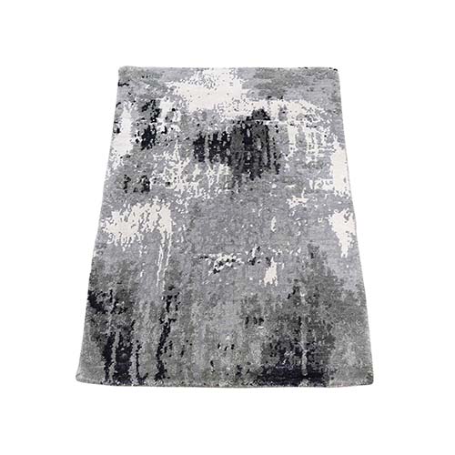 Hi-Low Pile Abstract Design Wool And Silk Runner Hand-Knotted Oriental Rug Hi-Low Pile Abstract Design Wool And Silk Runner Hand-Knotted Oriental Rug