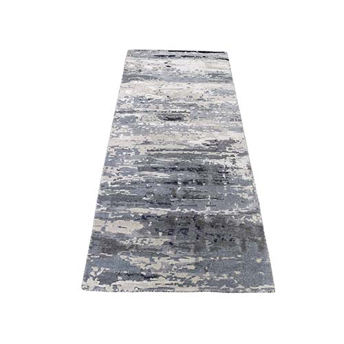 Hi-Low Pile Abstract Design Wool And Silk Runner Hand-Knotted Oriental Rug