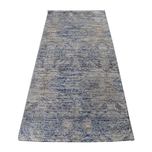 Silk With Textured Wool Denim Blue Erased Rosette Design Hand-Knotted Oriental 
