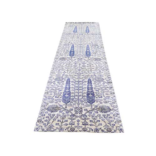 Willow And Cypress Tree Design Silk With Textured Wool Hand-Knotted Runner Oriental 