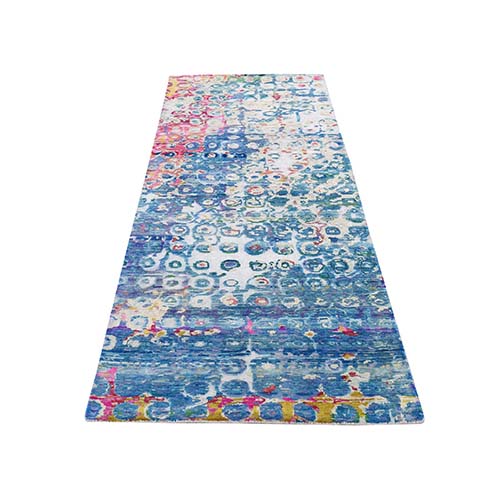 THE PEACOCK, Sari Silk Colorful Runner Hand-Knotted Oriental Rug THE PEACOCK, Sari Silk Colorful Runner Hand-Knotted Oriental Rug