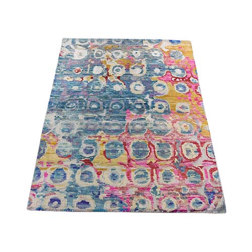 THE PEACOCK, Sari Silk Colorful Hand-Knotted Oriental Sample Rug THE PEACOCK, Sari Silk Colorful Hand-Knotted Oriental Sample Rug
