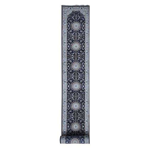 Wool And Silk 250 KPSI Navy Nain Hand-Knotted Oriental XL Runner Rug Wool And Silk 250 KPSI Navy Nain Hand-Knotted Oriental XL Runner Rug