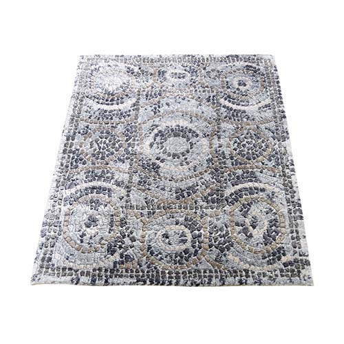 Blue,Ivory Silken Roman Mosaic Design Hand-Knotted Oriental Rug Blue,Ivory Silken Roman Mosaic Design Hand-Knotted Oriental Rug
