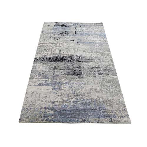 Gray Hi low Pile Abstract Design Runner Wool And Silk Hand-Knotted Oriental Rug Gray Hi low Pile Abstract Design Runner Wool And Silk Hand-Knotted Oriental Rug