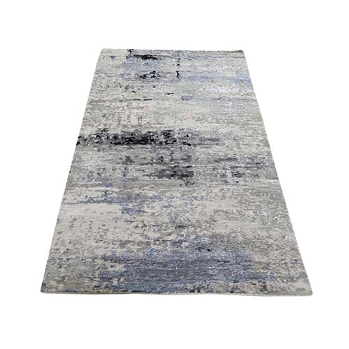 Gray Hi low Pile Abstract Design Runner Wool And Silk Hand-Knotted Oriental Rug