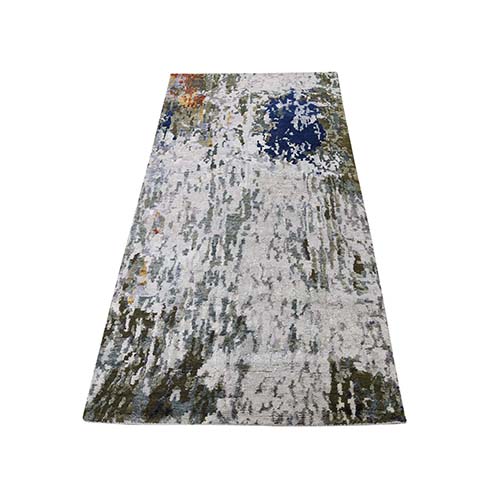 Hi-Low Pile Abstract Design Wool And Silk Runner Hand-Knotted Oriental 
