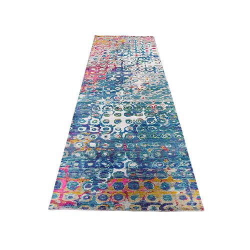 THE PEACOCK Sari Silk Colorful Runner Hand-Knotted Oriental Rug THE PEACOCK Sari Silk Colorful Runner Hand-Knotted Oriental Rug
