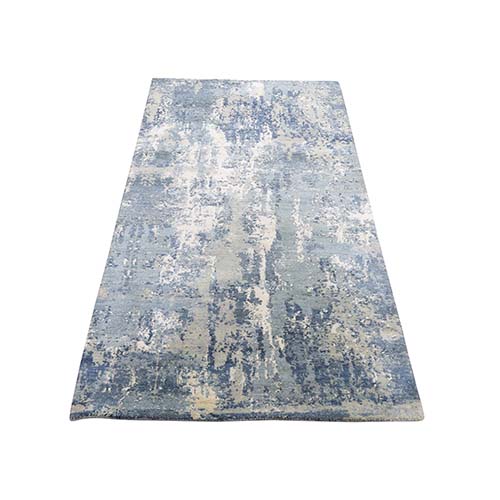 Blue-Gray Abstract Design Wool and Pure Silk Hand-Knotted Oriental Runner 