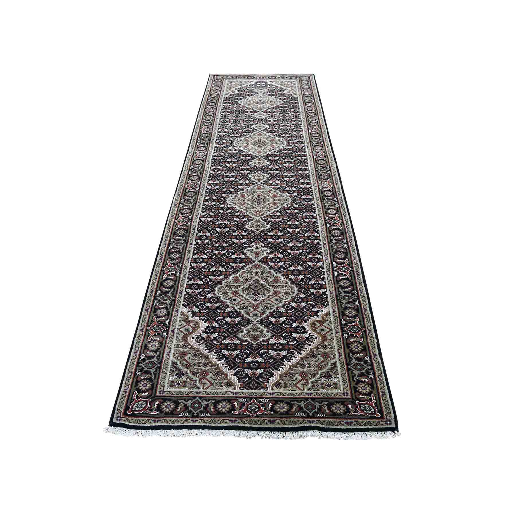 Black Tabriz Mahi Wool And Silk Hand Knotted Oriental Runner Rug 231965