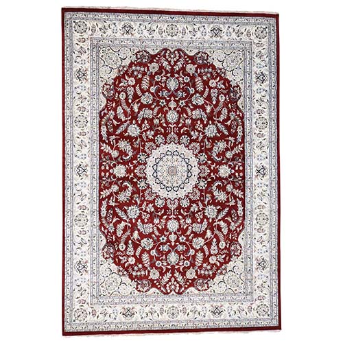 Cherry Red Pure Wool 250 KPSI Nain with Center Medallion Flower Design Hand Knotted Oriental Square Rug