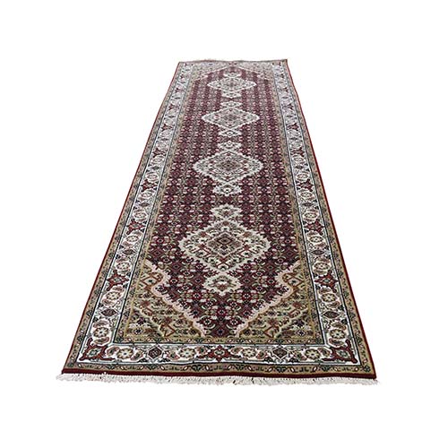 Red Tabriz Mahi Wool and Silk Hand-Knotted Oriental Runner Rug Red Tabriz Mahi Wool and Silk Hand-Knotted Oriental Runner Rug