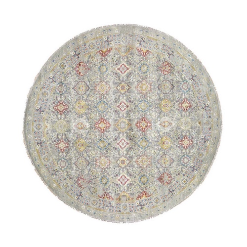 THE SUNSET ROSETTES Pure Silk and Wool Hand-Knotted Oriental Round 