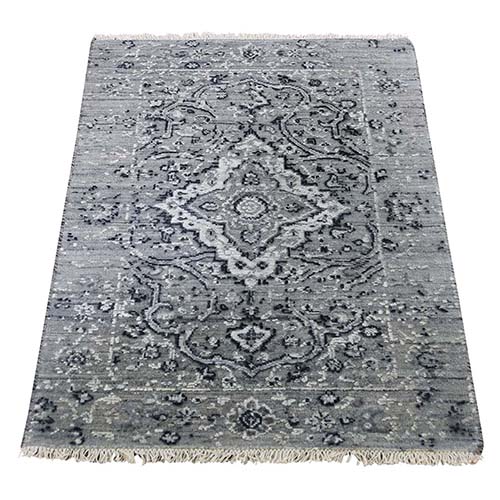 Gray Broken Persian Erased Design Silk With Textured Wool Hand-Knotted Oriental 