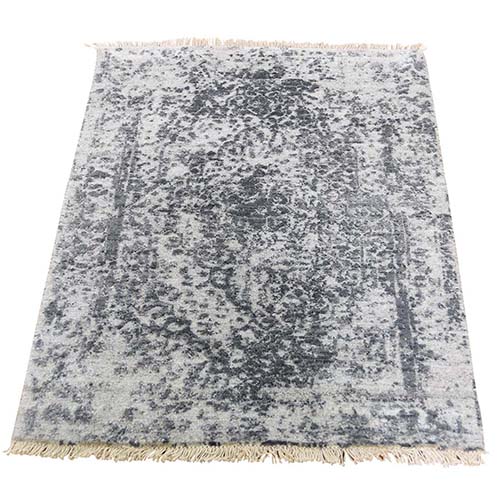 Silver Broken Persian Erased Design Wool and Pure Silk Hand-Knotted Oriental Rug Silver Broken Persian Erased Design Wool and Pure Silk Hand-Knotted Oriental Rug