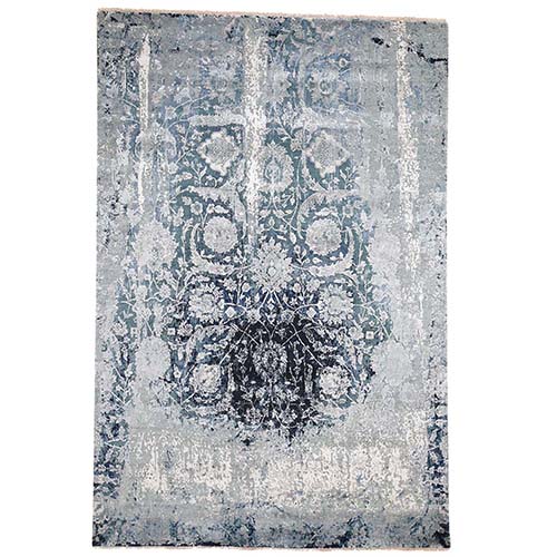 Blue Persian Tabriz Erased Design Wool And Silk Hand-Knotted Oriental 