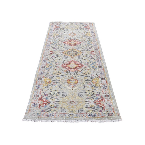 THE SUNSET ROSETTES Pure Silk and Wool Runner Hand-Knotted Oriental Rug THE SUNSET ROSETTES Pure Silk and Wool Runner Hand-Knotted Oriental Rug