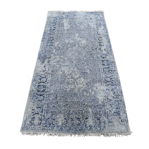 Broken Kashan Erased Design With Pure Silk Runner Hand-Knotted Oriental Rug