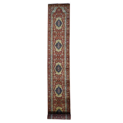 Red Antiqued Heriz Pure Wool Hand Knotted XL Runner Oriental Rug Red Antiqued Heriz Pure Wool Hand Knotted XL Runner Oriental Rug