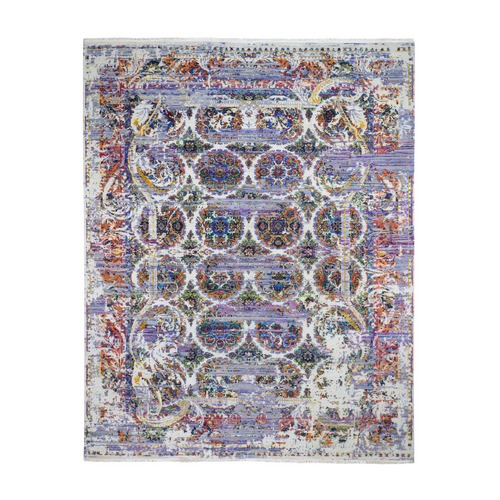 ERASED ROSSETS, Colorful Sari Silk With Textured Wool Hand-Knotted Oriental Rug ERASED ROSSETS, Colorful Sari Silk With Textured Wool Hand-Knotted Oriental Rug