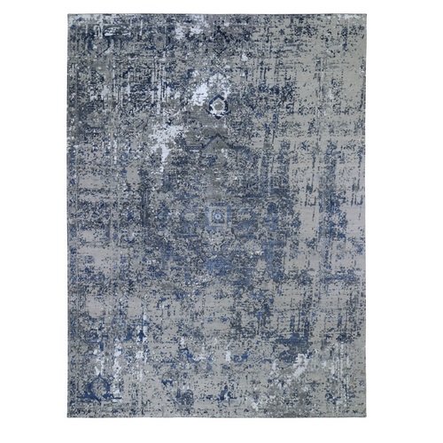 Blue-Gray Erased Heriz Design Wool and Silk Hand-Knotted Fine Oriental 
