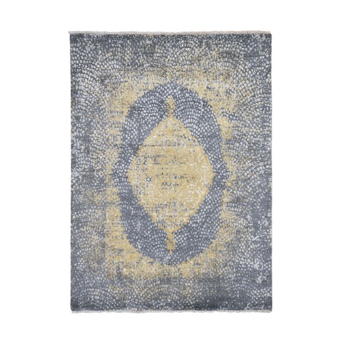 Gray-Gold Persian Design Wool And Pure Silk Hand Knotted Oriental 