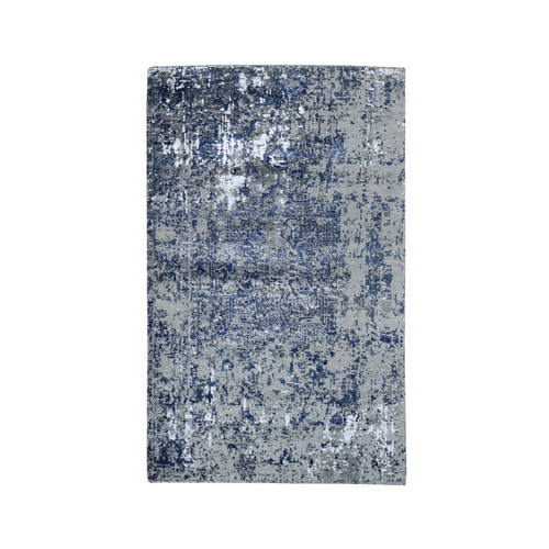 Blue-Gray Erased Heriz Design Wool and Silk Hand-Knotted Oriental 