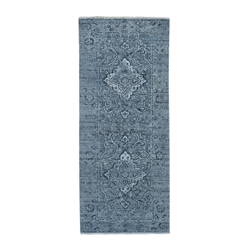 Gray Broken Persian Erased Design Pure Silk With Textured Wool Runner Hand-Knotted Oriental Rug