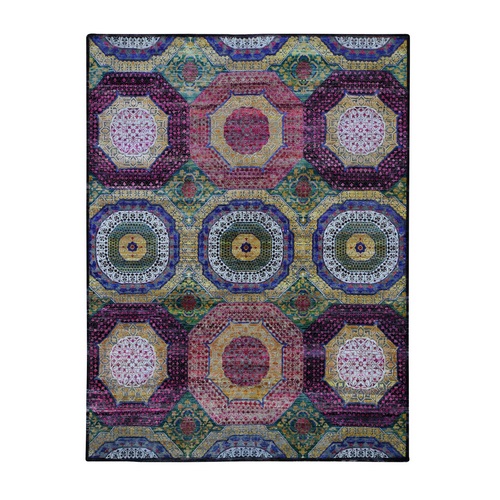 Colorful Mamluk Design Sari Silk With Textured Wool Hand Knotted Oriental Rug