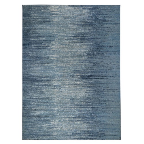 Pure Wool Blue Oceanic Horizontal Ombre Design Hand Knotted Oriental Rug