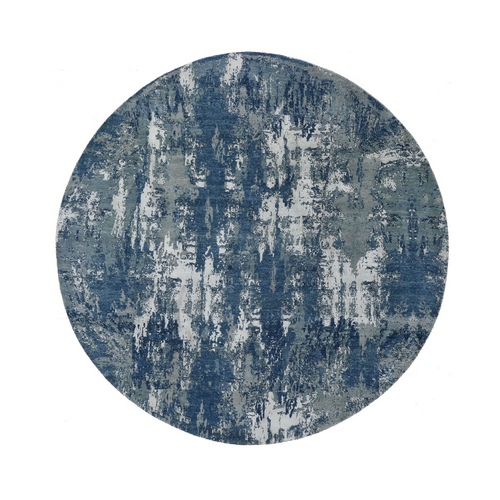 Blue Abstract Design Wool and Pure Silk Hand Knotted Round Oriental 