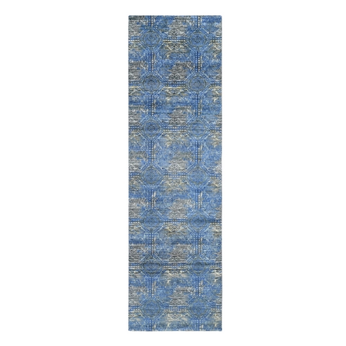 Blue Silk With Textured Wool Rossets Design Runner Hand Knotted Oriental 