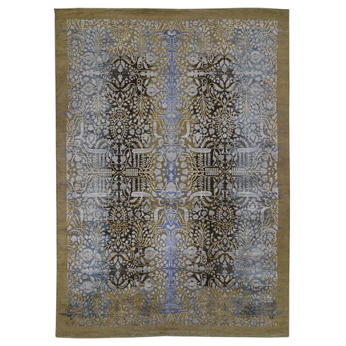 Tan and Chocolate Brown, Silk with Textured Wool Transitional Sarouk Hand-Knotted Oriental Rug