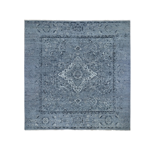 Square Gray Broken Persian Erased Design Pure Silk With Textured Wool Hand Knotted Oriental Rug