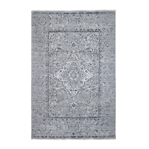 Gray Broken Persian Erased Design Silk With Textured Wool Hand Knotted Oriental Rug