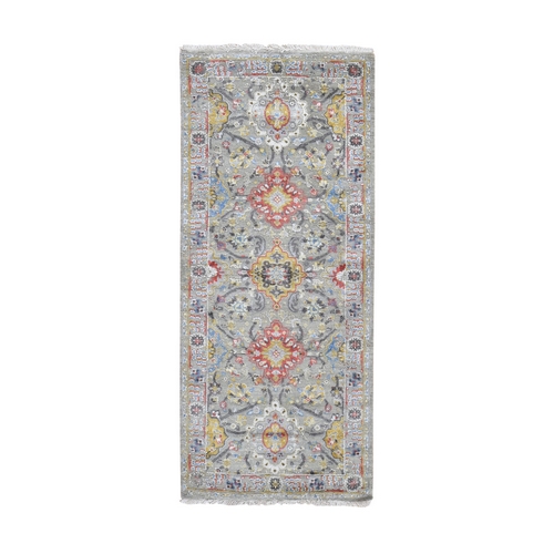 THE SUNSET ROSETTES Wool And Pure Silk Runner Hand Knotted Oriental Rug THE SUNSET ROSETTES Wool And Pure Silk Runner Hand Knotted Oriental Rug