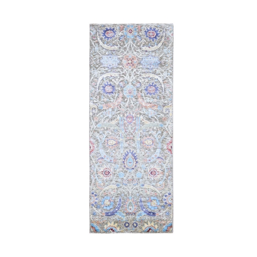 Tan Sickle Leaf Design Silk With Textured Wool Runner Hand Knotted Oriental Rug