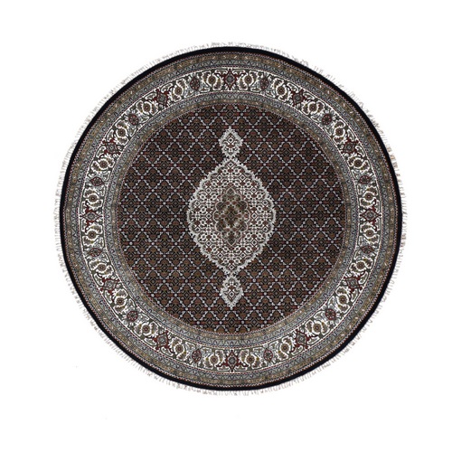 Round Black Tabriz Mahi Wool and Silk Hand Knotted Oriental Rug