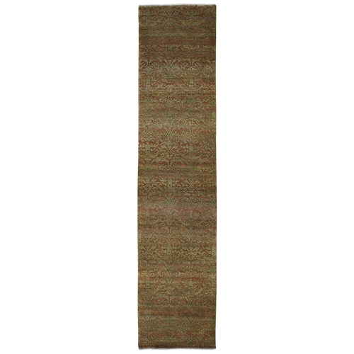 Brown Damask Wool and Silk Tone on Tone Runner Hand Knotted Oriental Rug Brown Damask Wool and Silk Tone on Tone Runner Hand Knotted Oriental Rug
