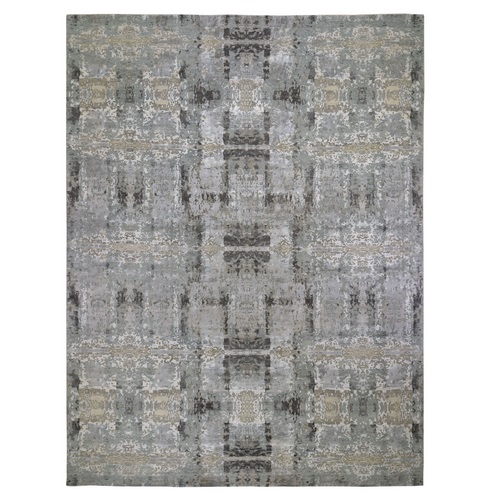 Oversized Silver Abstract Design Hi-Lo Pile Wool And Silk Hand Knotted Oriental 